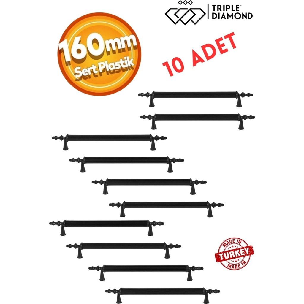 Triple Diamond 160 mm Siyah Çekmece Kulpları Dolap Mobilya Kulp Sert Polimer Kulpu Vidadahil ( 16 cm ) = 160 mm ( 10 Adet ) - 149.99 Diğer Fiyatı