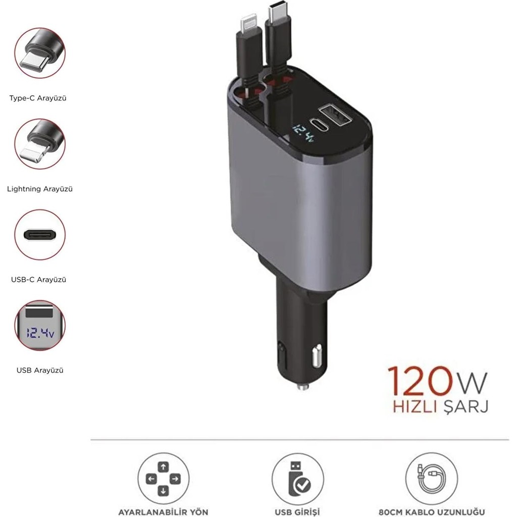 Trm G16 120W Süper Hızlı Şarjlı Bluetooth Transmitter Araç Şarj Cihazı Type-C Iphone Kablolu Bilgisayar Çevirici ve Adaptörü Fiyatı