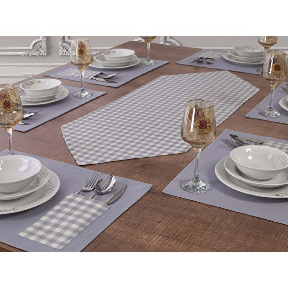 Tropik Home Amerikan Servis Pamuklu Supla ve Runner Seti 6 Kişilik Gri Ekose Desen Masa ve Sunum Takımı - Gri - Beyaz - 35 x 45 cm Amerikan Servis Fiyatı