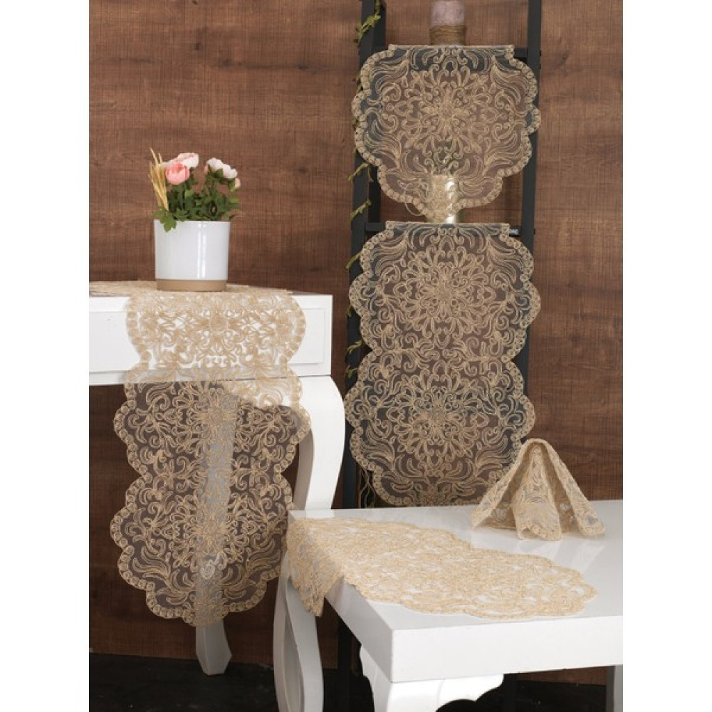 Tropik Home Amerikan Servis Runner ve Peçete Salon Takımı 5 Parça Çeyiz Seti Bej Nakışlı Salon Seti - 40 x 40 cm Amerikan Servis Fiyatı