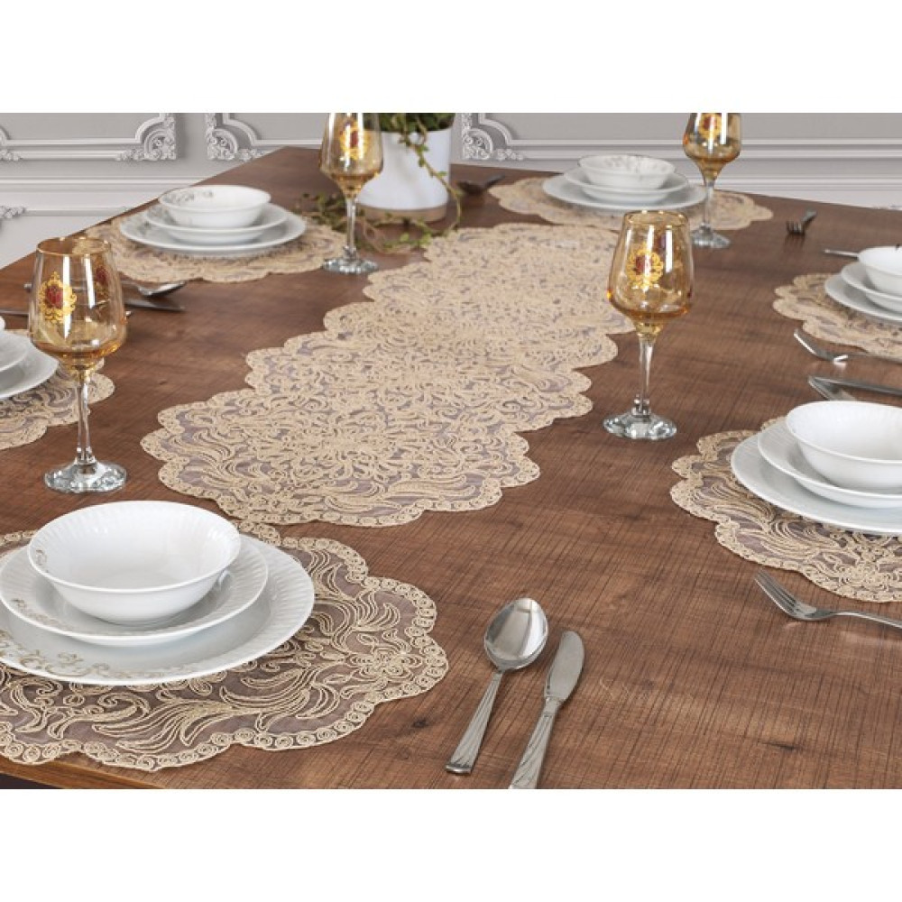 Tropik Home Amerikan Servis Supla Runner Set 6 Kişilik 7 Parça Çeyiz Seti Sunum Seti - 40 x 110 cm - Bej Amerikan Servis Fiyatı