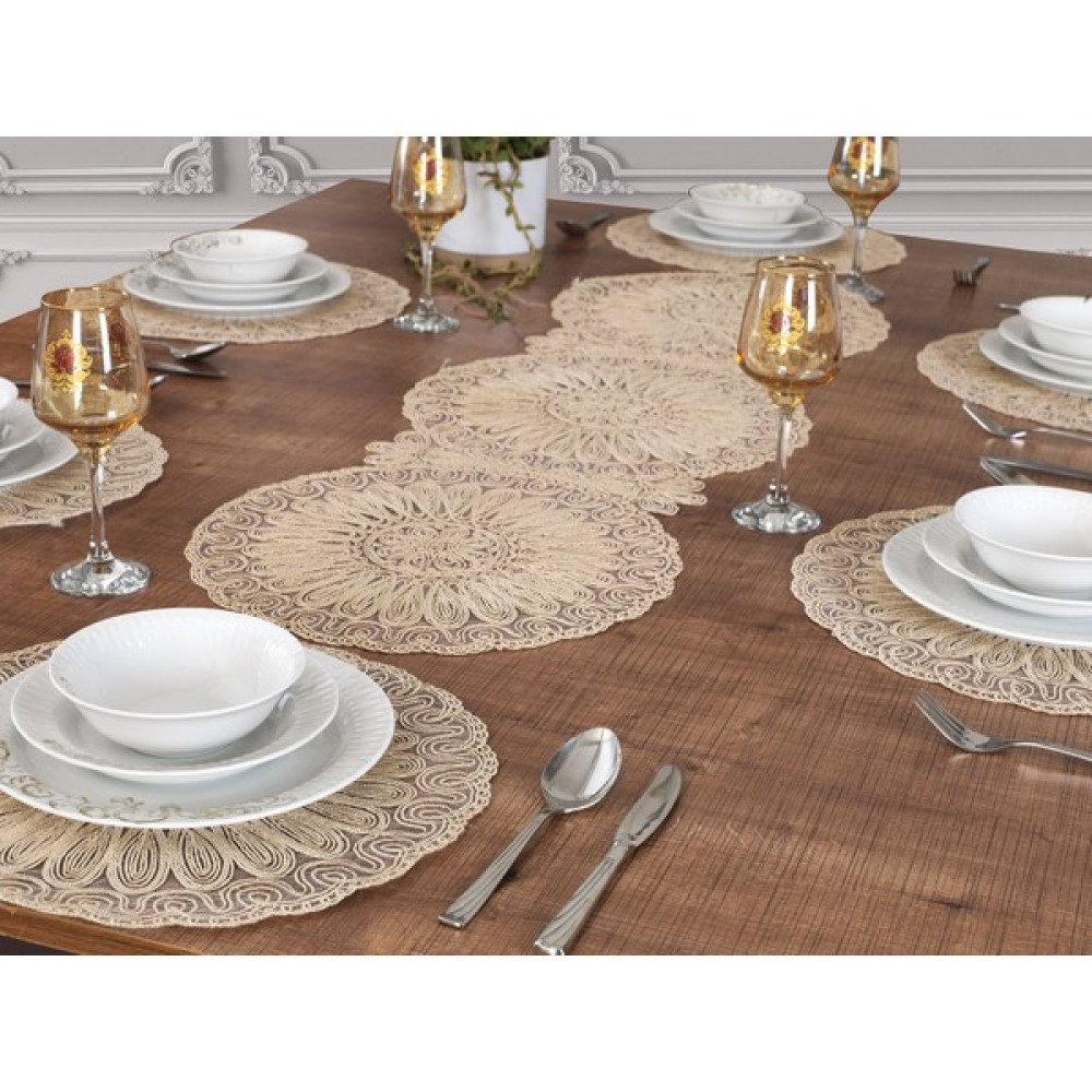 Tropik Home Amerikan Servis Supla ve Runner Set 6 Kişilik Nakışlı Venezia Bej 7 Parça Çeyizlik Takımı Tropikhome - Kahve - 40 x 40 cm Amerikan Servis Fiyatı