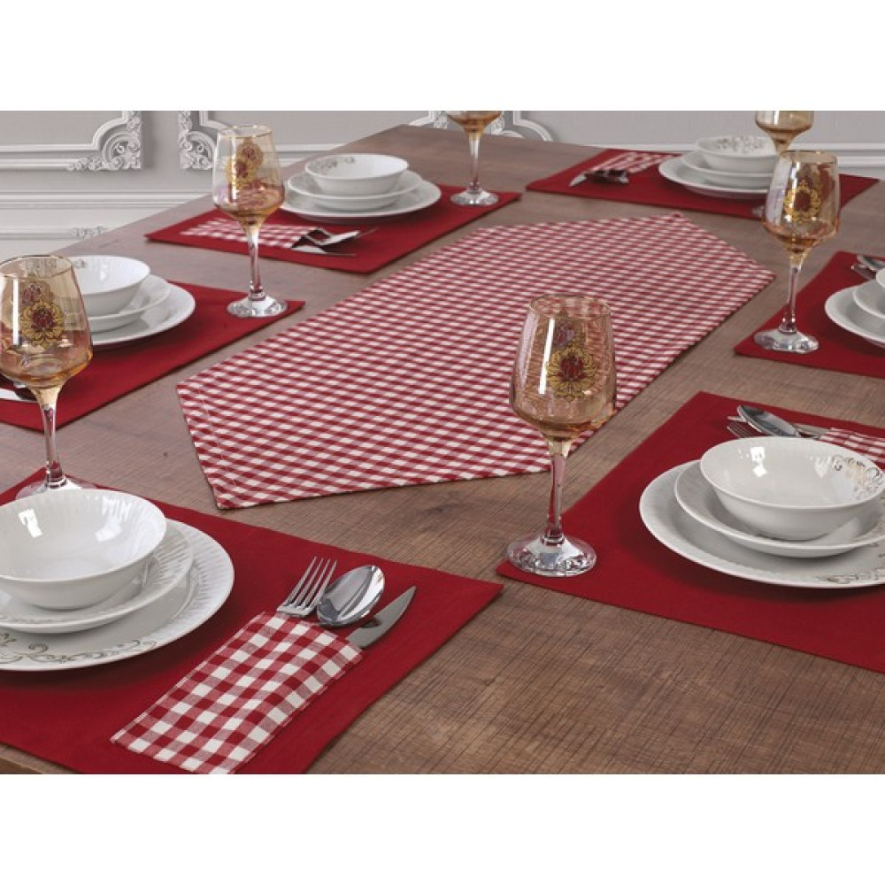 Tropik Home Amerikan Servis Supla ve Runner Seti 12 Kişilik Set Kırmızı Ekose Desen Salon ve Masa Sunum Takımı - 35 x 45 cm Amerikan Servis Fiyatı