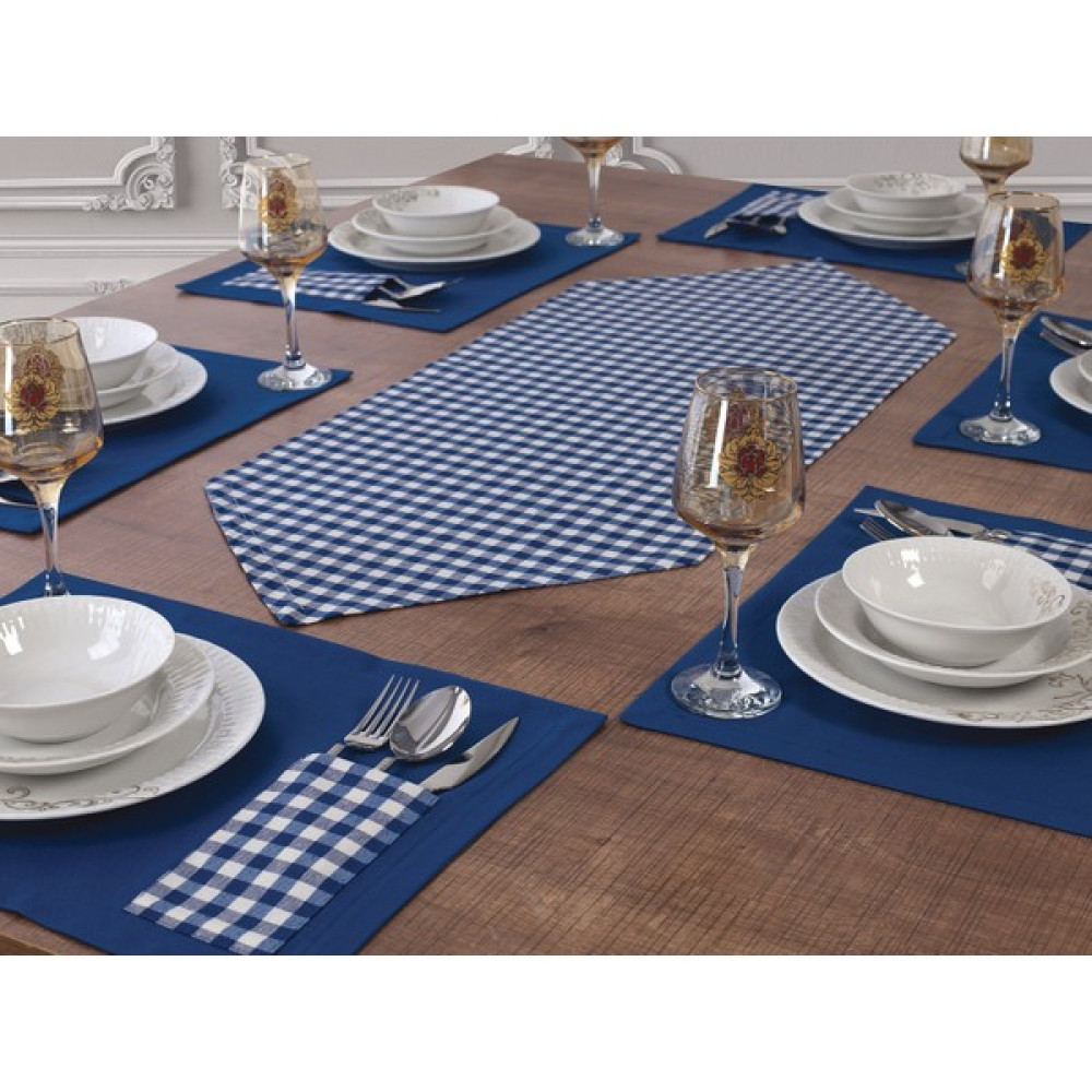 Tropik Home Amerikan Servis Supla ve Runner Seti 12 Kişilik Set Mavi Ekose Desen Salon ve Masa Sunum Takımı - 35 x 45 cm Amerikan Servis Fiyatı