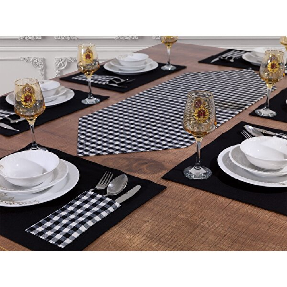 Tropik Home Amerikan Servis Supla ve Runner Seti 8 Kişilik Set Siyah Ekose Desen Salon ve Masa Sunum Takımı - Renkli - 35 x 45 cm Amerikan Servis Fiyatı