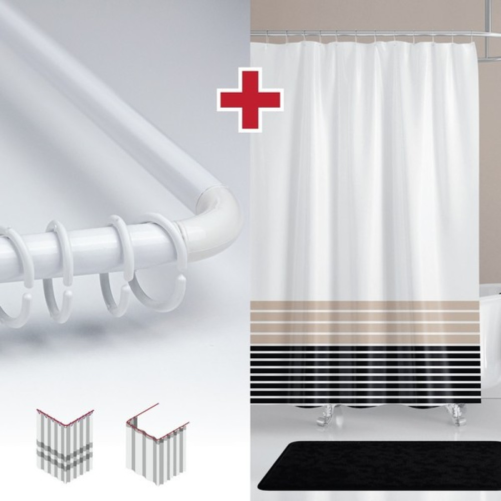 Tropik Home Çizgili Desen Banyo Perdesi Askı Hediyeli 180X200CM Tek Kanat Beyaz Duş Perdesi, L Boru Hediyeli - Bej - Siyah - 180 x 200 cm Duş / Banyo Perdesi Fiyatı
