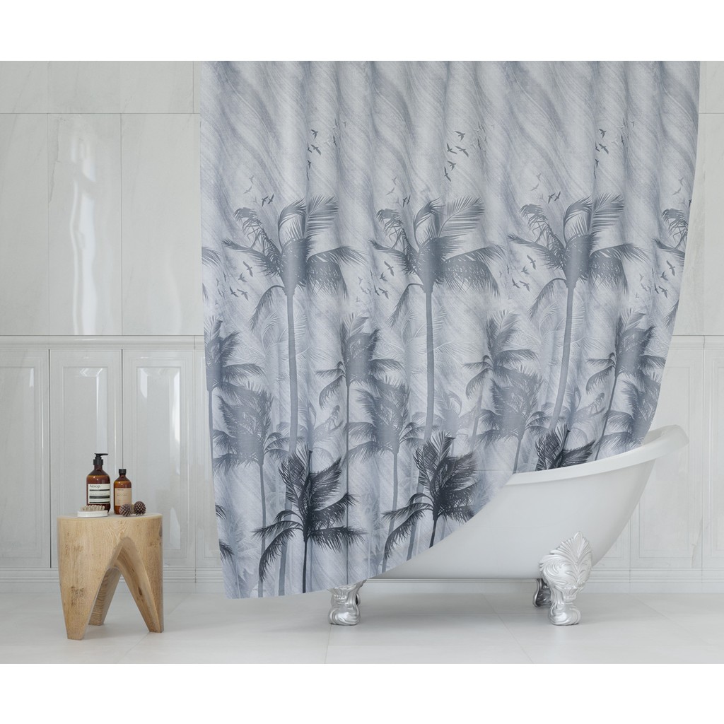 Tropik Home Duş Perdesi-Palmiye Desen Banyo Perdesi, 180X200CM Tek Kanat Duş Perdesi 12 Adet C Halkalı - 180 x 200 cm - Renkli Perde Fiyatı