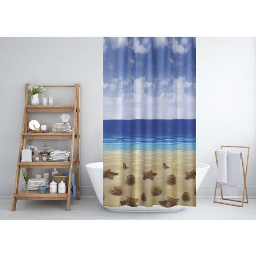 Tropik Home Kahverengi Banyo Perdesi-Deniz ve Kum Manzara Desen Duş Perdesi, Tek Kanat Banyo Duş Perdesi - Krem - Mavi - 180 x 200 cm Duş / Banyo Perdesi Fiyatı