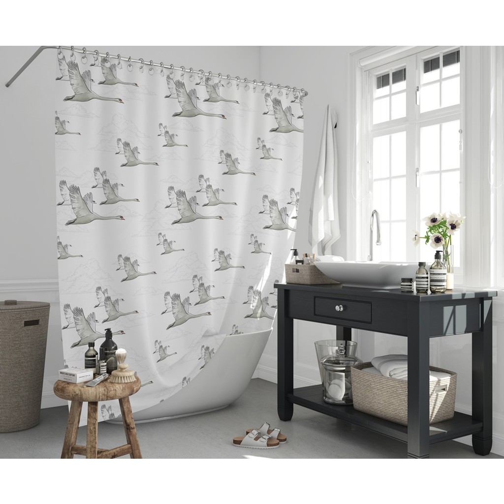 Tropik Home Martı Desen Banyo Perdesi, 180x200cm Duş Perde 12 Adet C Halka Hediye Küvet Perdesi - Açık Gri - Beyaz - 180 x 200 cm Perde Fiyatı