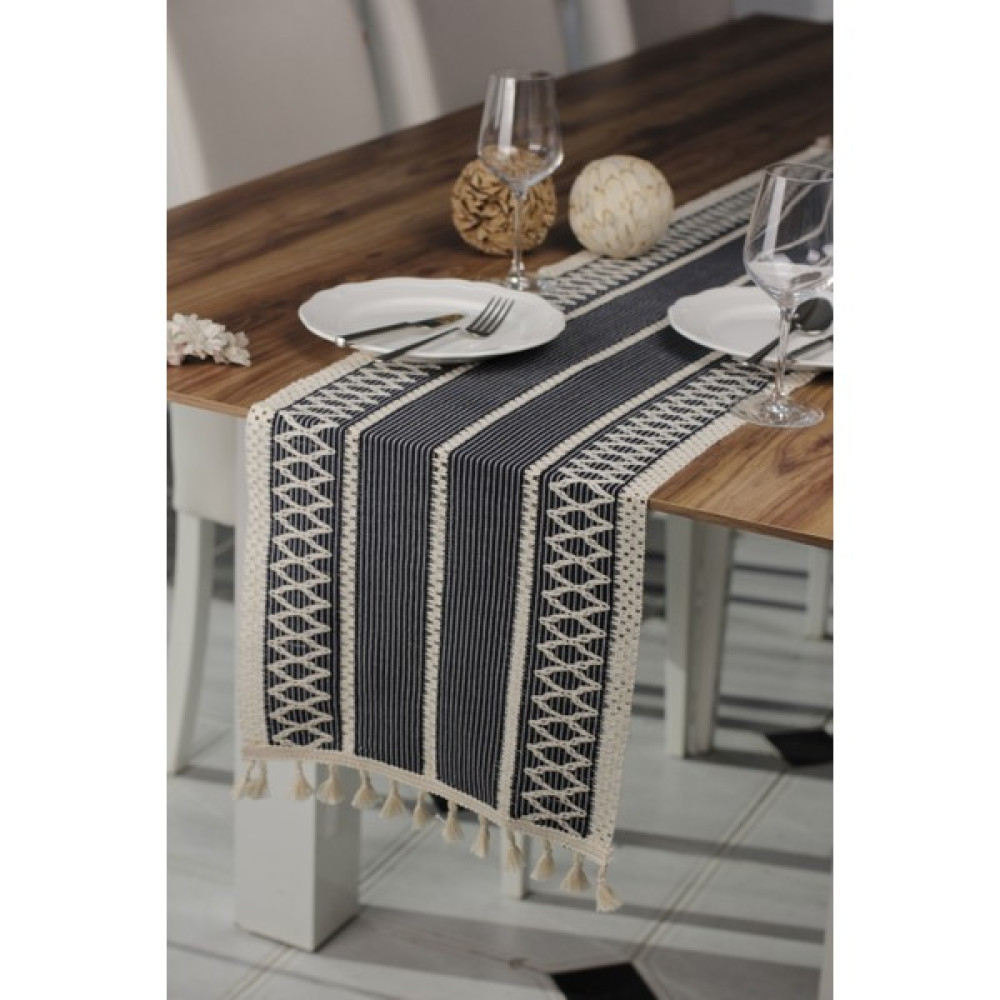 Tropik Home Örme Masa Örtüsü Püsküllü Runner Masa Örtüsü Organik Pamuk Runner 35X155 cm Masa Üstü Runner - 35 x 155 cm - Lacivert Masa Örtüsü Fiyatı
