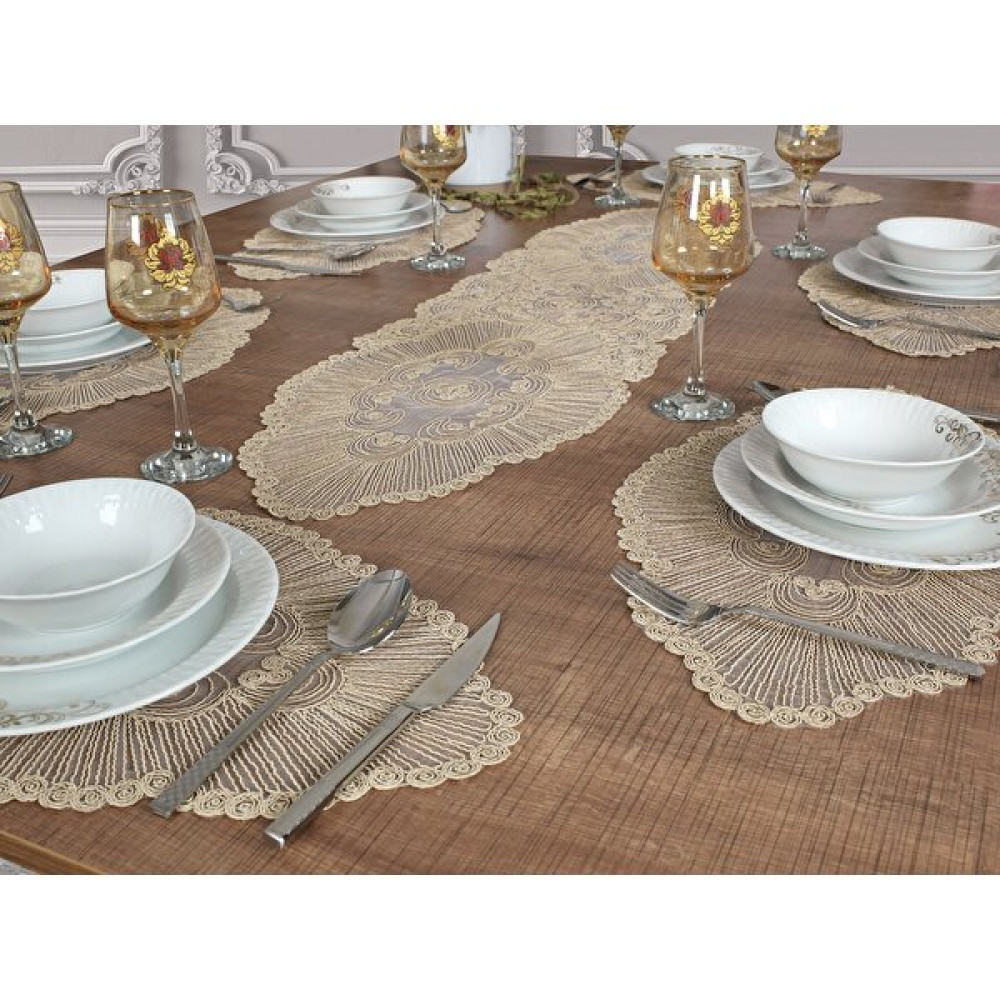 Tropik Home Tropikhome Amerikan Servis Supla ve Runner Seti 6 Kişilik Set Venice Bej 7 Parça - Açık Kahverengi - 30 x 50 cm Amerikan Servis Fiyatı
