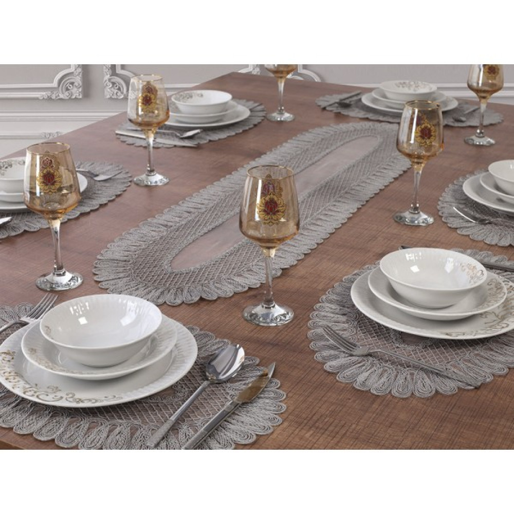 Tropikhome 7 Parça Vivien Gri 6 Kişilik Amerikan Servis & Supla ve Runner Seti - Açık Gri - 32 x 110 cm Amerikan Servis Fiyatı