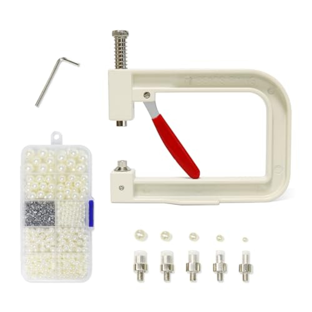 Troyune Pearl Setting Machine, Pearl Hand Press Tools with White Pearl Beads, Rivet Studs and L Hexagon Wrench for Decorating Clothes, Dresses, Bag, Hair Band or DIY Crafts