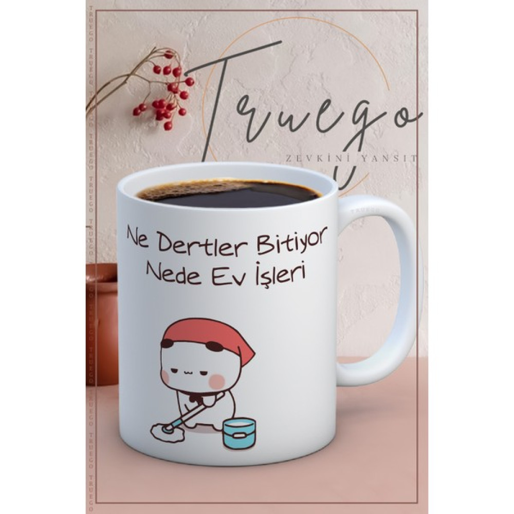 Truego Baskılı Kupa Bardak Seramik Mug - Nede Ev Işi Bitiyor.. - Beyaz Fincan / Bardak / Kahve Takımı Fiyatı
