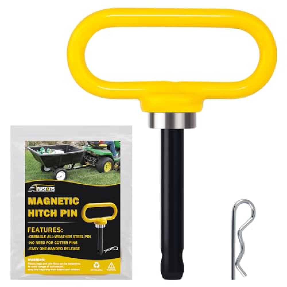TRUSTKITS Magnetic Hitch Pin, Heavy Duty Ultra Strong Neodymium Magnet Lawn Mower Trailer Gate Pins Accessories 1/2 Inch for Mowers, Lawn Tractors, Towing - Simple One Handed Hook On & Off(Yellow)