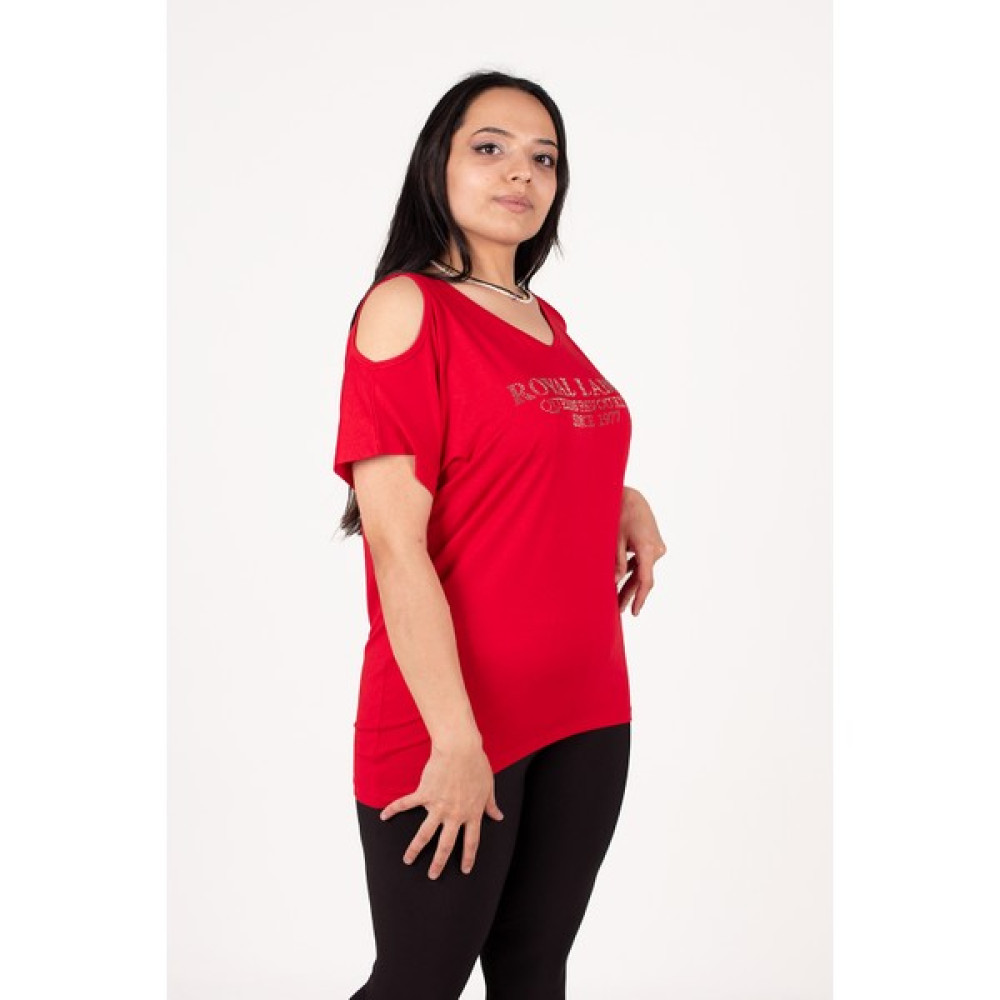 Truva Xxl Büyük Beden Kadın Giyim Taş Baskı Omuz Detay Tshirt Renkli BZ824 Bayan T-shirt Fiyatı