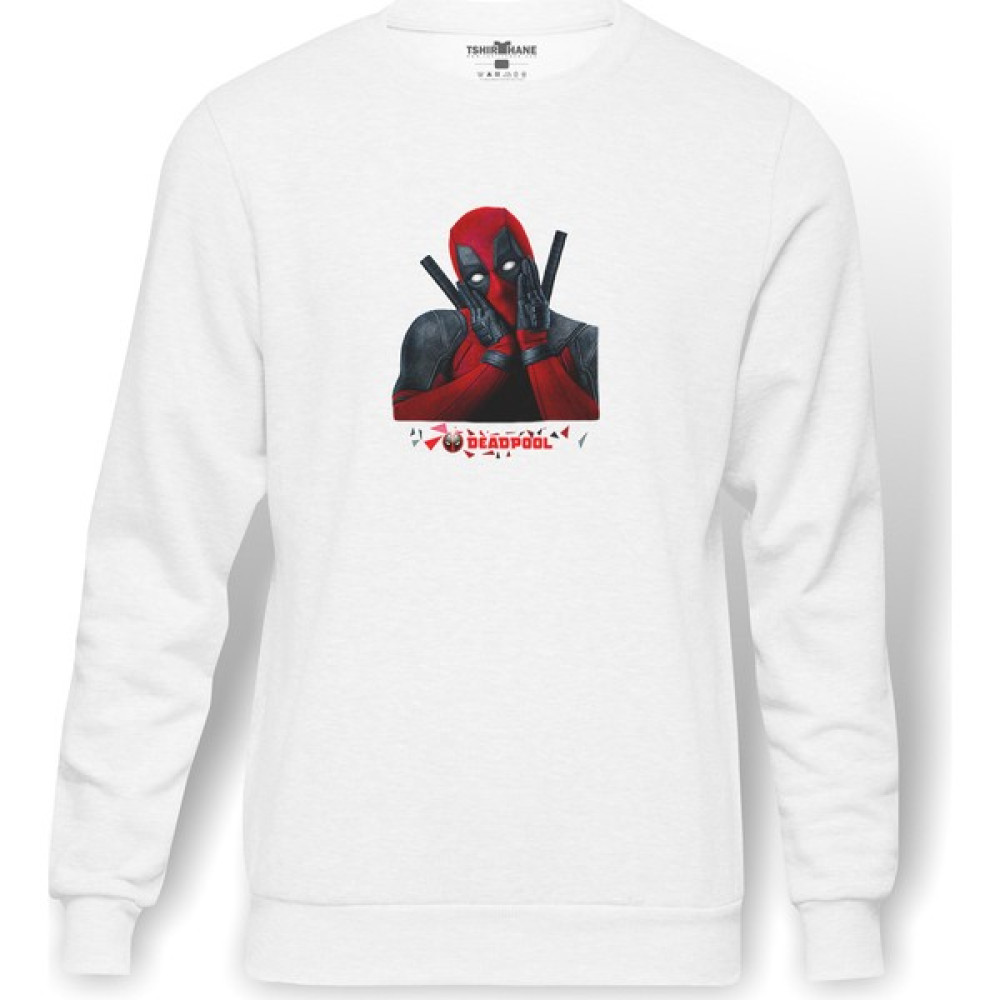 Tshirthane Deadpool Düşünceli Baskılı Beyaz Erkek Örme Sweatshirt Uzun Kol Erkek Sweatshirt Fiyatı