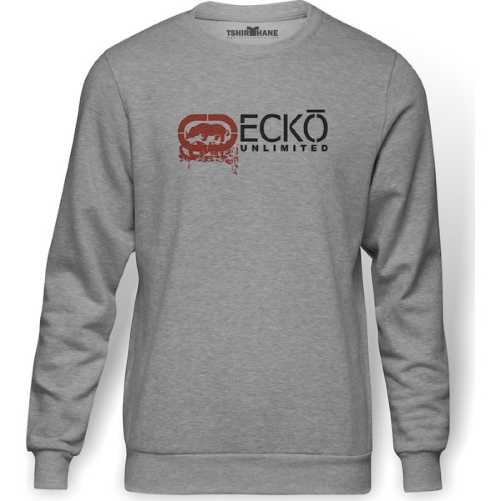 Tshirthane Ecko Unlimited Baskılı Gri Melanj Erkek Örme Sweatshirt Uzun kol Erkek Sweatshirt Fiyatı