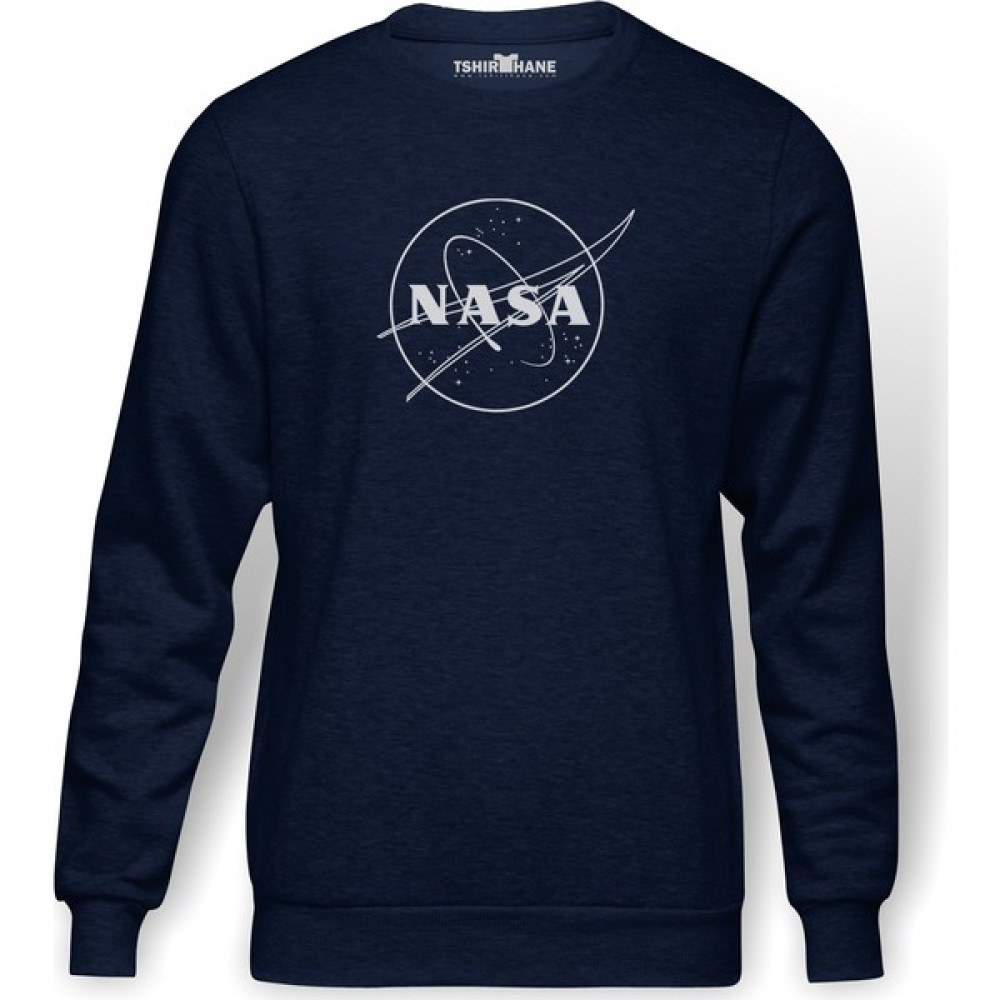 Tshirthane NASA Baskılı İndigo Mavi Lacivert Erkek Örme Sweatshirt Uzun kol Erkek Sweatshirt Fiyatı