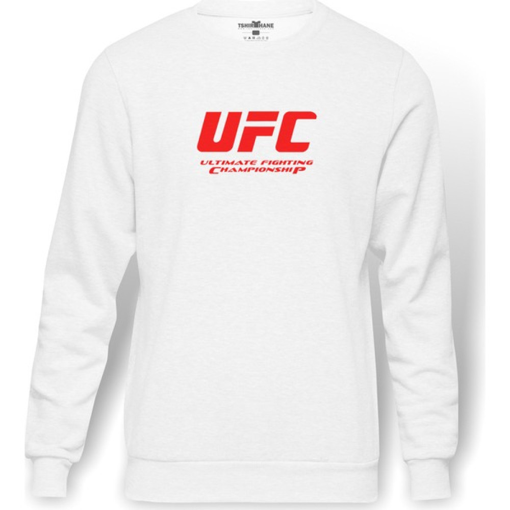 Tshirthane Ufc Logo Baskılı Beyaz Erkek Örme Sweatshirt Uzun kol Erkek Sweatshirt Fiyatı