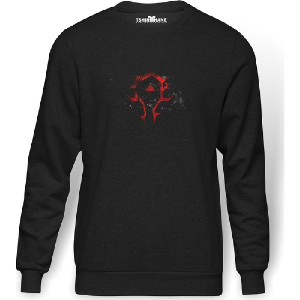 Tshirthane Wow Horde Amplem Logo Baskılı Füme Erkek Örme Sweatshirt Uzun Kol Erkek Sweatshirt Fiyatı