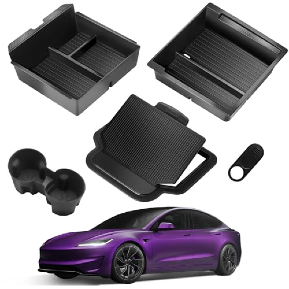 TSLDRV 2025 Upgrade Center Console Organizer Tray for Tesla Model 3 Highland Accessories 2024 2025/For Tesla Model Y Juniper Accessories 2025 [Slide Smoothly/US Patent] Cup Holder Matte Black