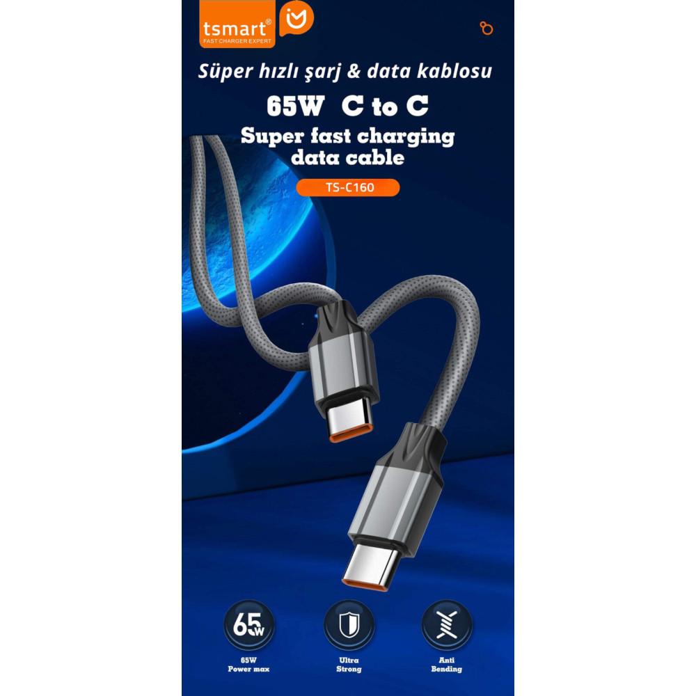 tsmart 65W Süper Hızlı type C to type C şarj kablosu TS-C160