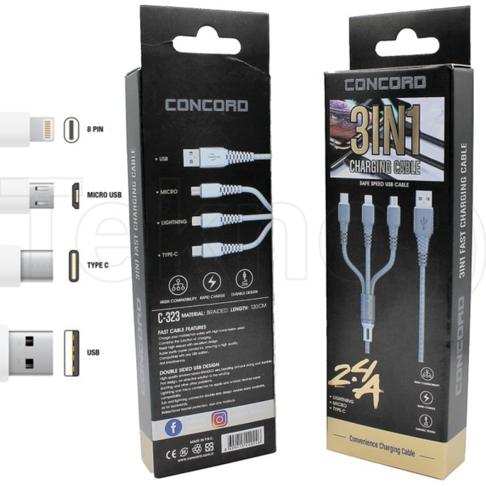 Tstore 3in1 (Micro - Lighting - Type-C) 120 cm 2.4A USB Kablo Concord C-323 - Beyaz Cep Telefonu Kablosu Fiyatı