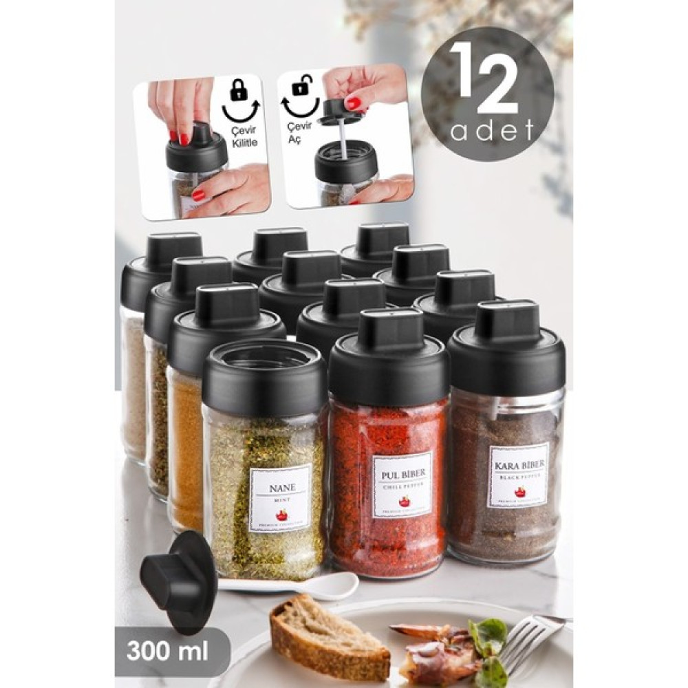 TT Kitchen 12 Adet Kilitllenebilir Kapaklı Kapağı Kendinden Kaşıklı Baharatlık Seti 300 ml Kilitli Baharatlık - Şeffaf Baharat Setleri & Baharatlıklar Fiyatı