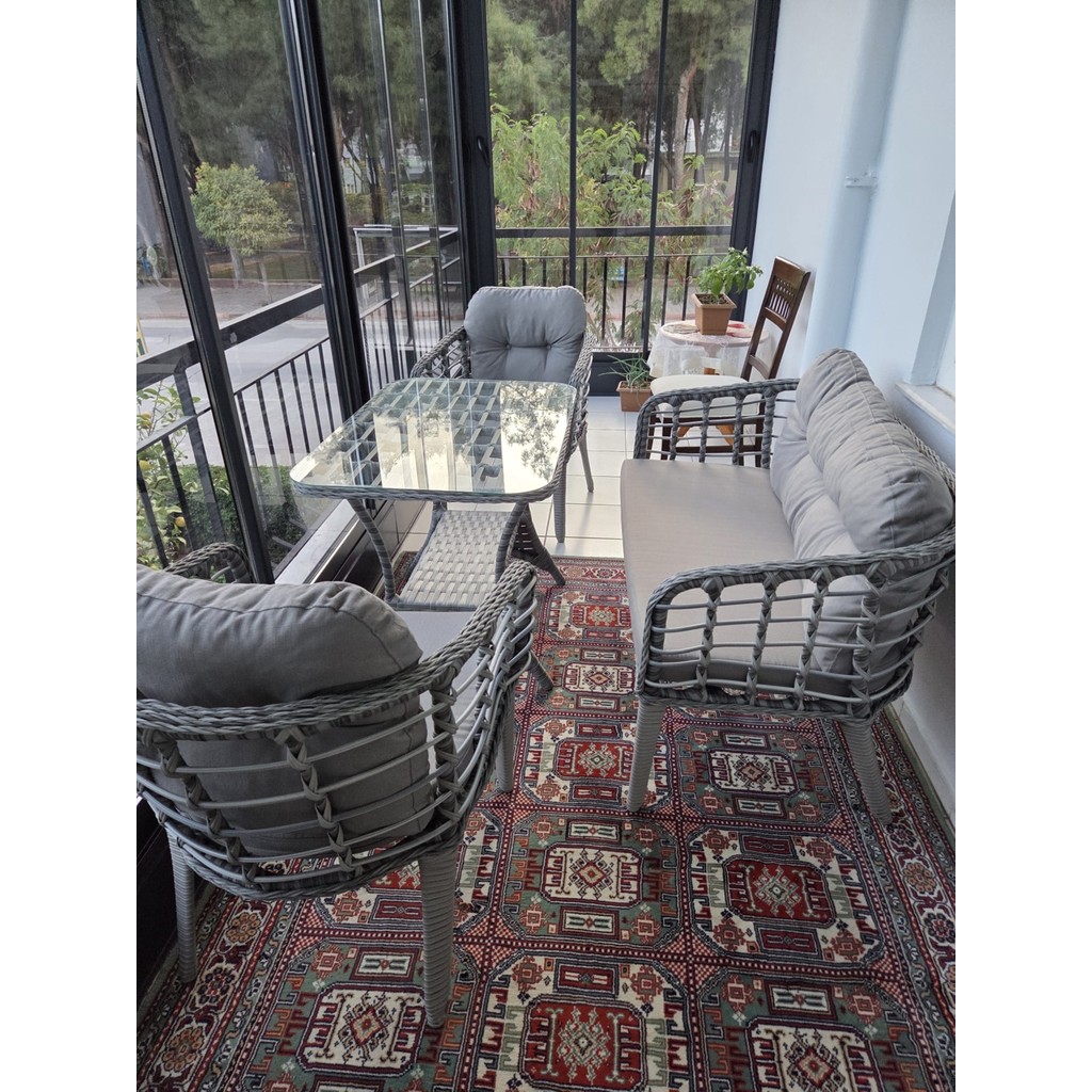 Tu Tienda Kartepe Galvaniz Boru 2 1 1 Sehpa(60*90) Rattan Bahçe Balkon Takımı,Gri Rattan / Gri Kumaş Bahçe Mobilyası Takımı Fiyatı