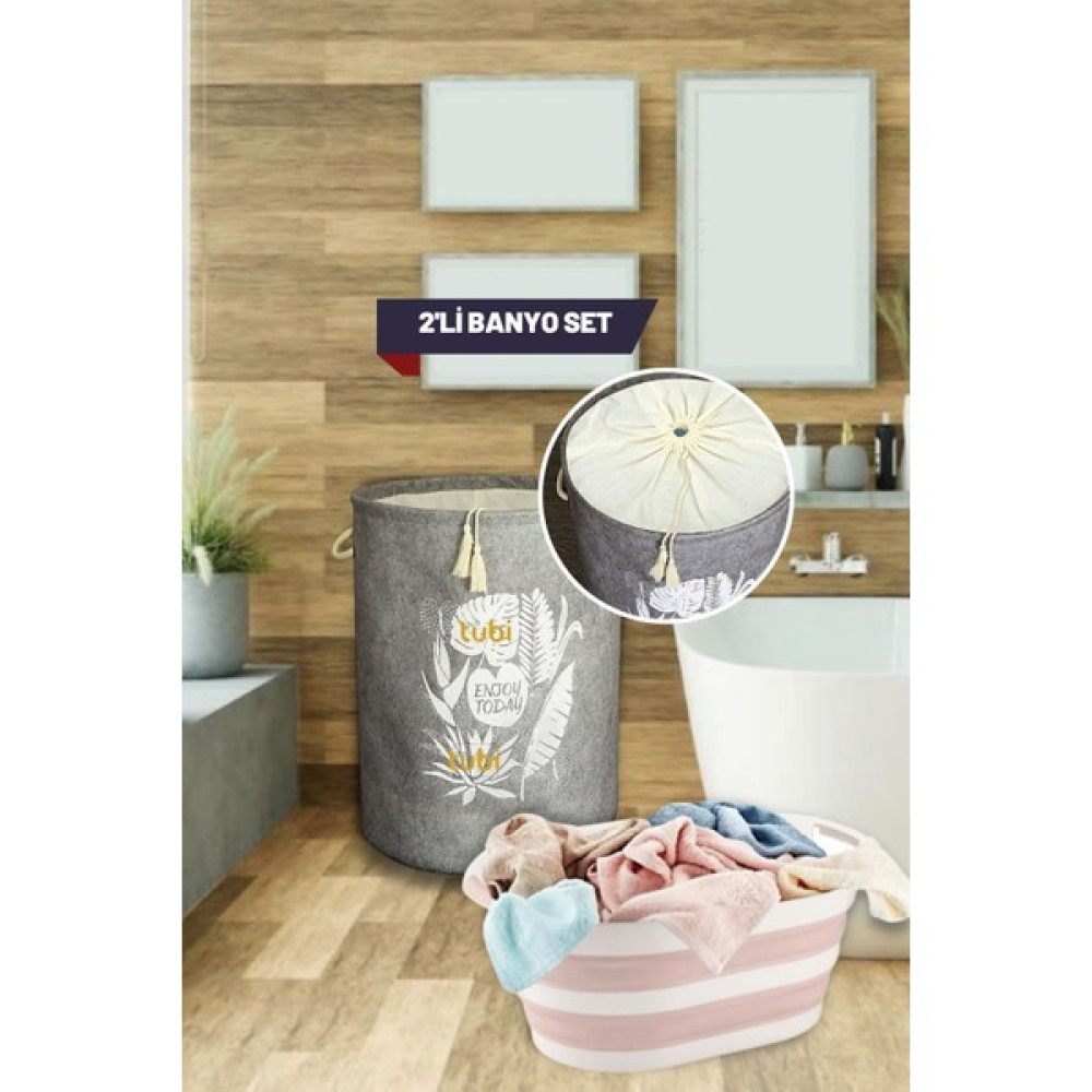 Tubi Home 2'li Lüx Banyo Seti - Keçe Kapaklı Kirli Çamaşır Sepeti - Katlanabilir Akordiyon Çamaşır Sepeti - Gri Sepet Fiyatı