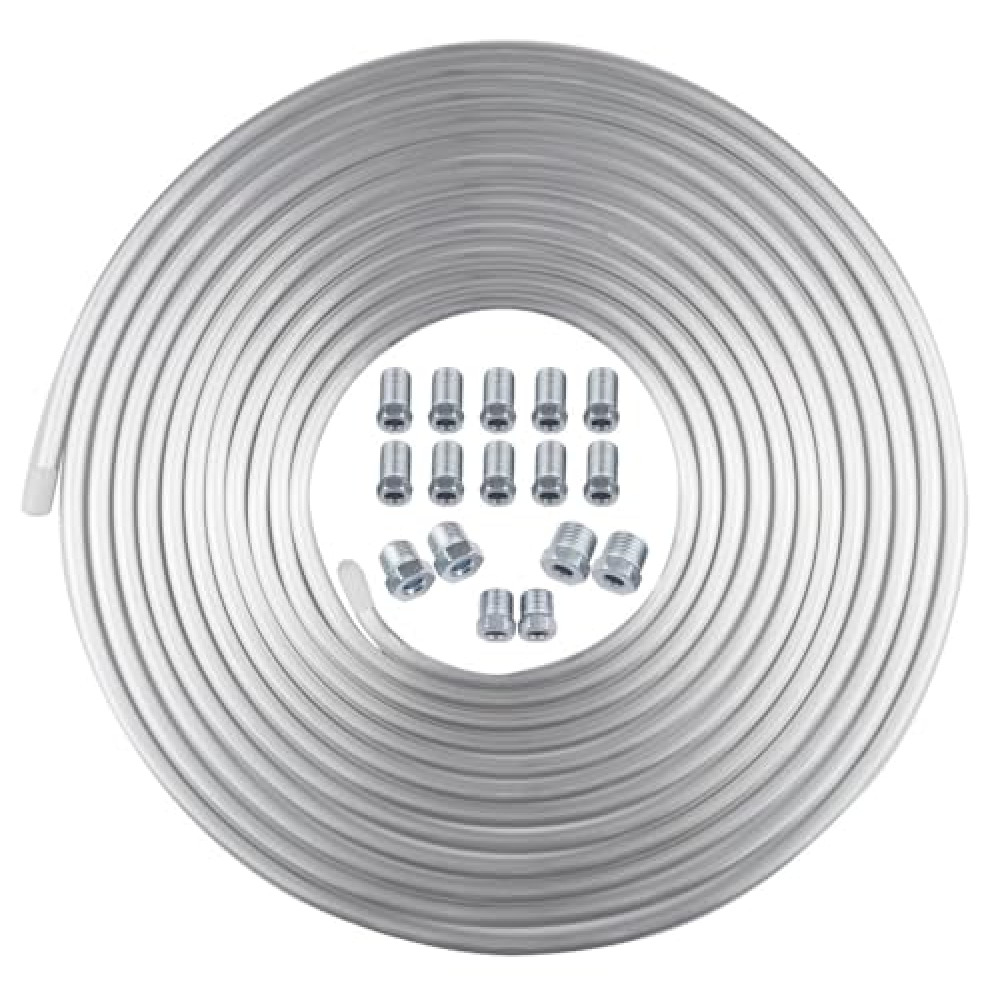TUBPRO 1/4” OD Brake Line, 25FT Alumal Tubing Kit with Fittings, Includes 16 Nuts, Wall Thickness: 0.035-inch(0.89mm), Corrosion Preventive, High Pressure Resistance, Easy to Bend
