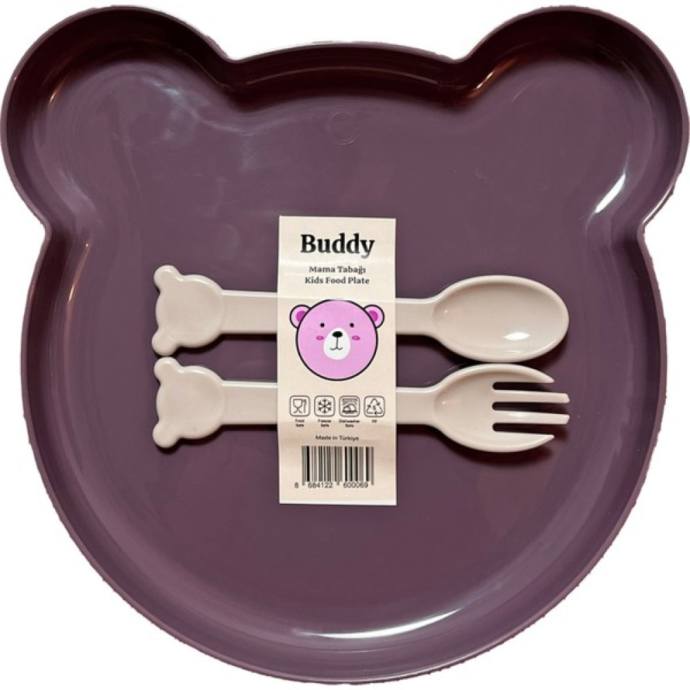 Tucklebery Buddy Mama Tabağı Seti | 1 Ayıcık Tabak + Çatal-Kaşık | Bebek ve Çocuklar İçin Yemek Takımı | BPA İçermez (Mor) - Mor Mama Seti Fiyatı