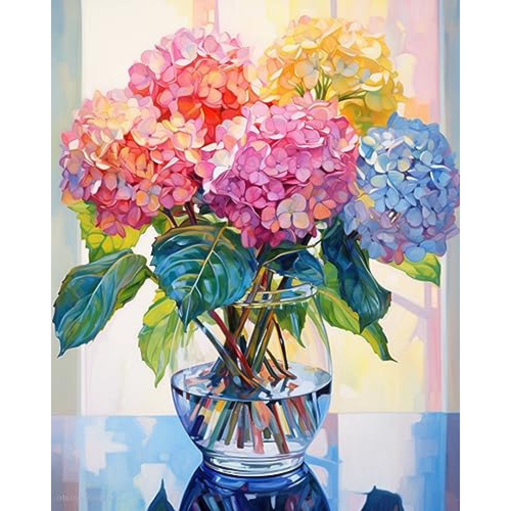 Tucocoo Hydrangea in Glass Vase Window Landscape Paint by Bumbers for Adults Beautiful Flower DIY Paint by Numbers Acrylic Paint Canvas Colorful Flowers Painting Kits Art 16x20 Inch（Without Frame）