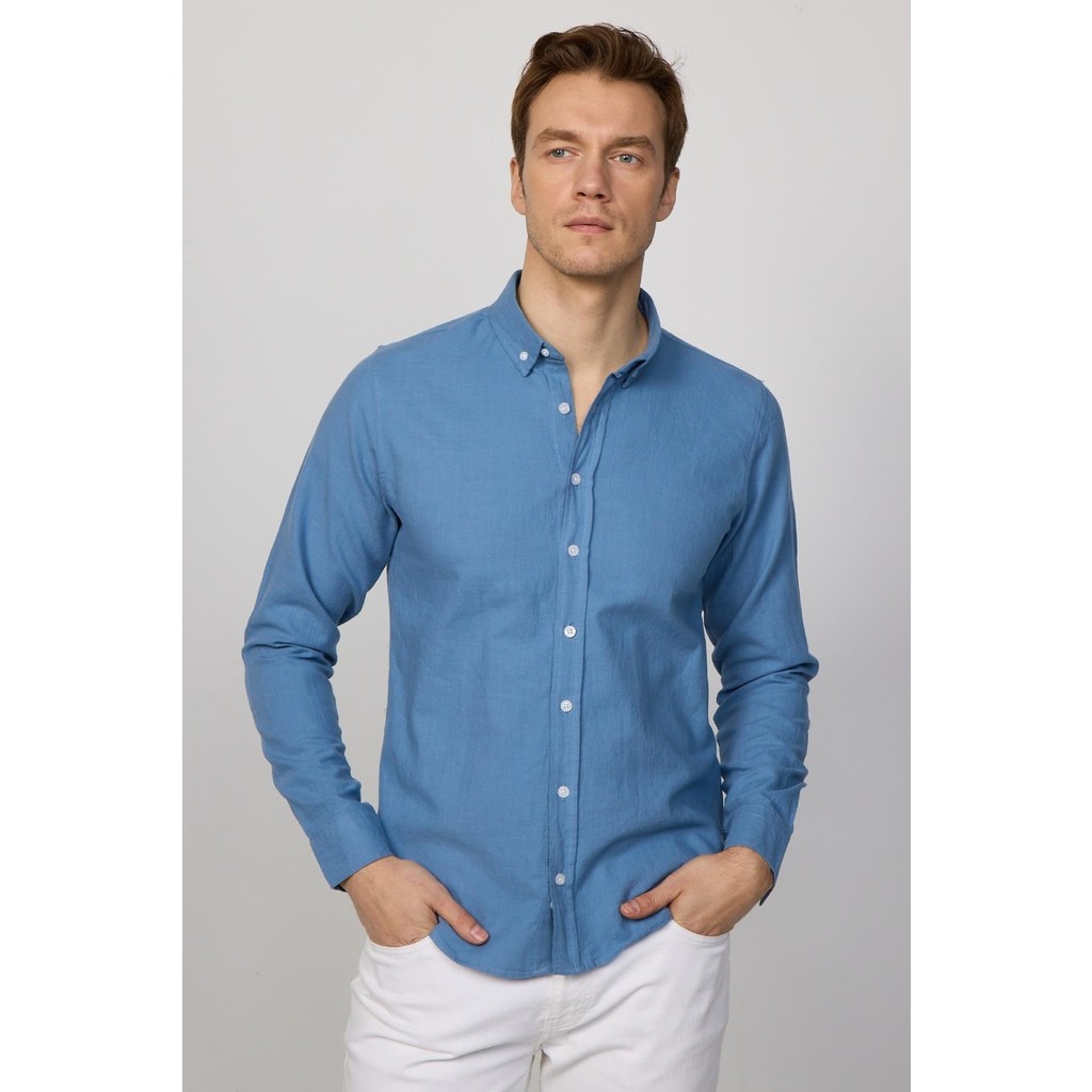 Tudors Erkek Slim Fit Dar Kesim %100 Pamuk Keten Doku Düğmeli Yaka Indigo Gömlek Erkek Gömlek Fiyatı
