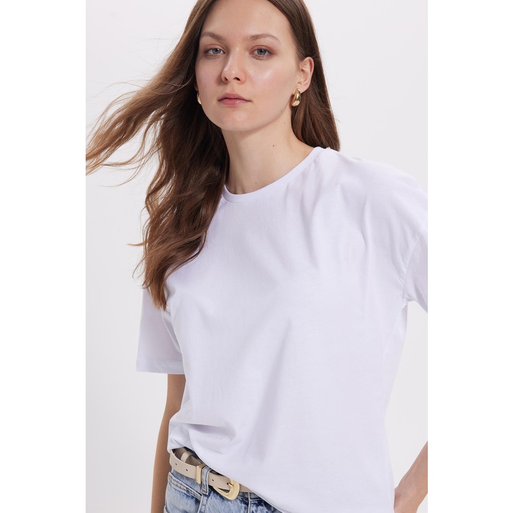 Tudors Kadın Relax Fit Rahat Kesim %100 Pamuk Bisiklet Yaka Beyaz Tişört Bayan T-shirt Fiyatı