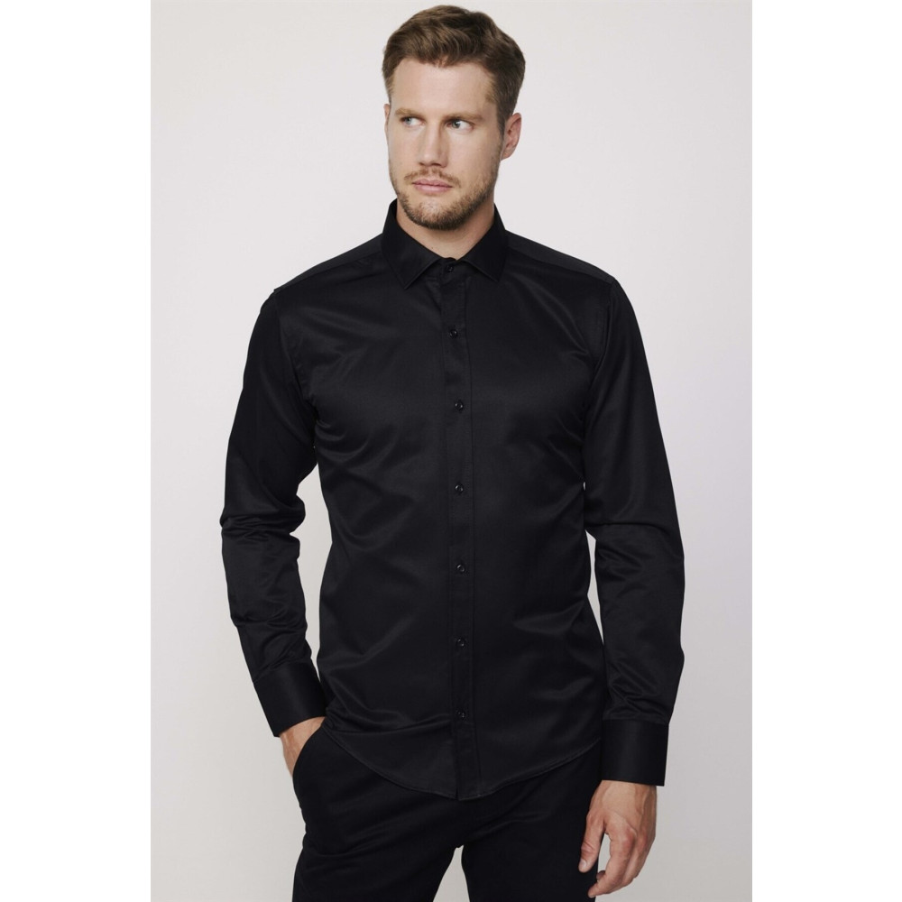 Tudors Modern Slim Fit Düz Saten Pamuklu Erkek Siyah Gömlek S Beden Kadın Gömlek Fiyatı