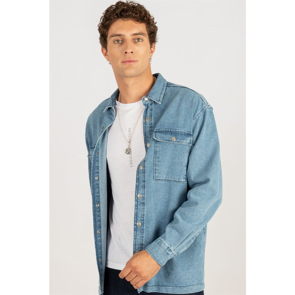 Tudors Overshirt Denim Çift Cep Kapaklı Çıtçıtlı Unisex Mavi Gömlek S Beden Kadın Gömlek Fiyatı