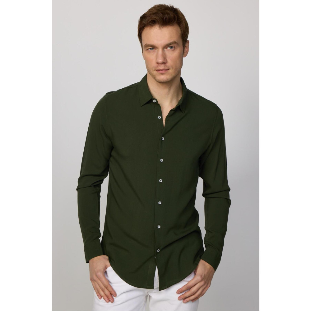 Tudors Slim Fit Dar Kesim Uzun Kol Dökümlü Viskon Şık Haki Erkek Gömlek L Beden Kadın Gömlek Fiyatı