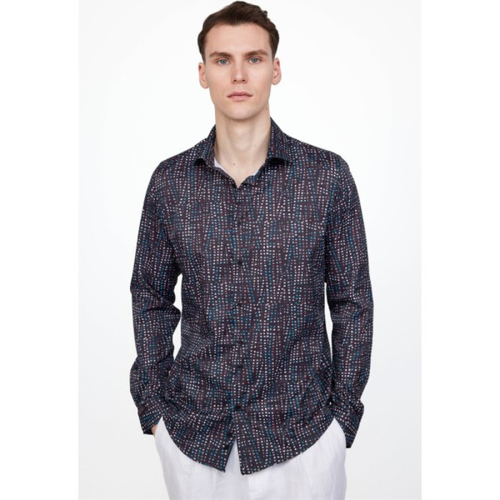 Tudors Slim Fit Dar Kesim Uzun Kol Likralı Baskılı Yüksek Yaka Erkek Çok Renkli Gömlek Erkek Gömlek Fiyatı