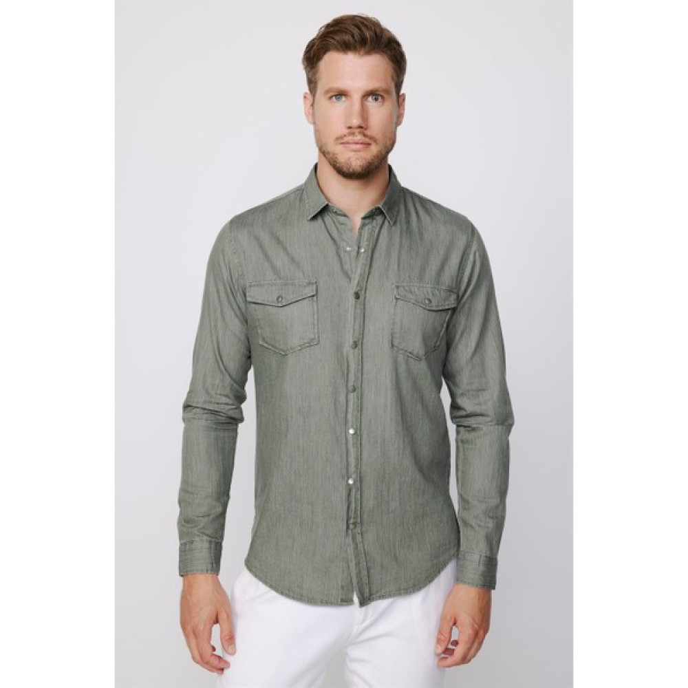 Tudors Slim Fit Uzun Kol Kot Çift Cep Çıtçıtlı Denim Erkek Haki Gömlek Erkek Gömlek Fiyatı