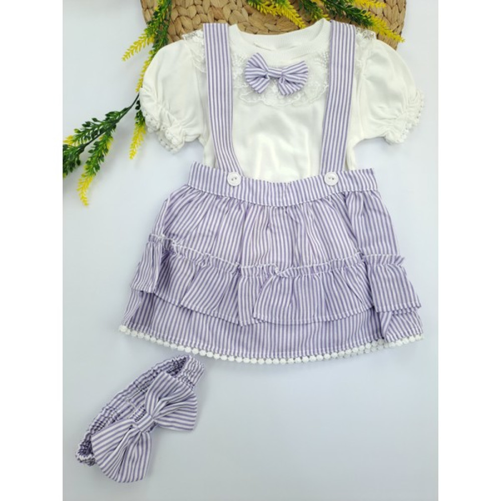 Tufitto Baby Kız Çocuk Tişort Mor Renk Salopet Elbise Bandanalı Bebe Yakalı Dantelli Çizgili Kız Çocuk Elbise Fiyatı