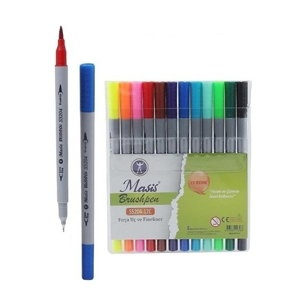 Tüftürük Fineliner Kalem Çift Yönlü 12 Renk 1 Paket Fırça Uç ve Fineliner 12LI Keçe Uçlu Kalem Kalın Ince Keçeli Kalem - Renkli Keçe Uçlu Kalem Fiyatı