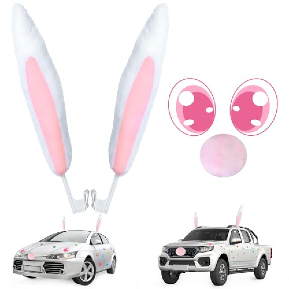Tugaizi Easter Bunny Ears Decoration for Car, Easter Bunny Kit with Pink Eyes & Nose, Cute Easter Vehicle Accessories