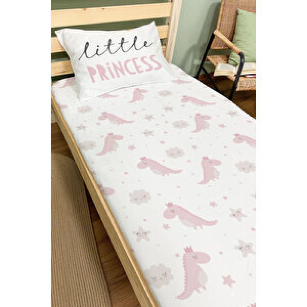 Tuğba Kuğu Lastikli Çarşaf Seti (140x200+20) - Pure Baby Serisi - Taçlı Pembe Dinozor Bebek Yatak Çarşafı Fiyatı
