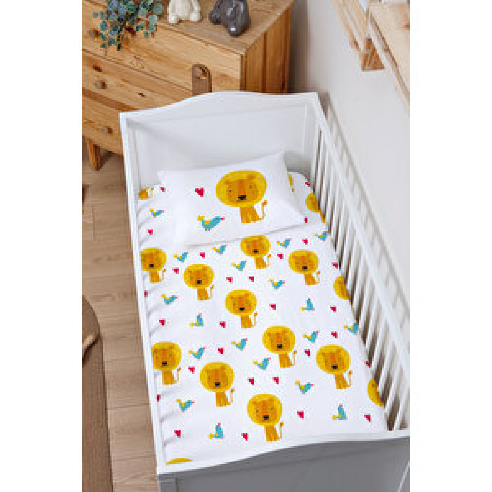 Tuğba Kuğu Lastikli Çarşaf Seti (80x140+15) - Pure Baby Serisi - Sevimli Aslan Bebek Yatak Çarşafı Fiyatı