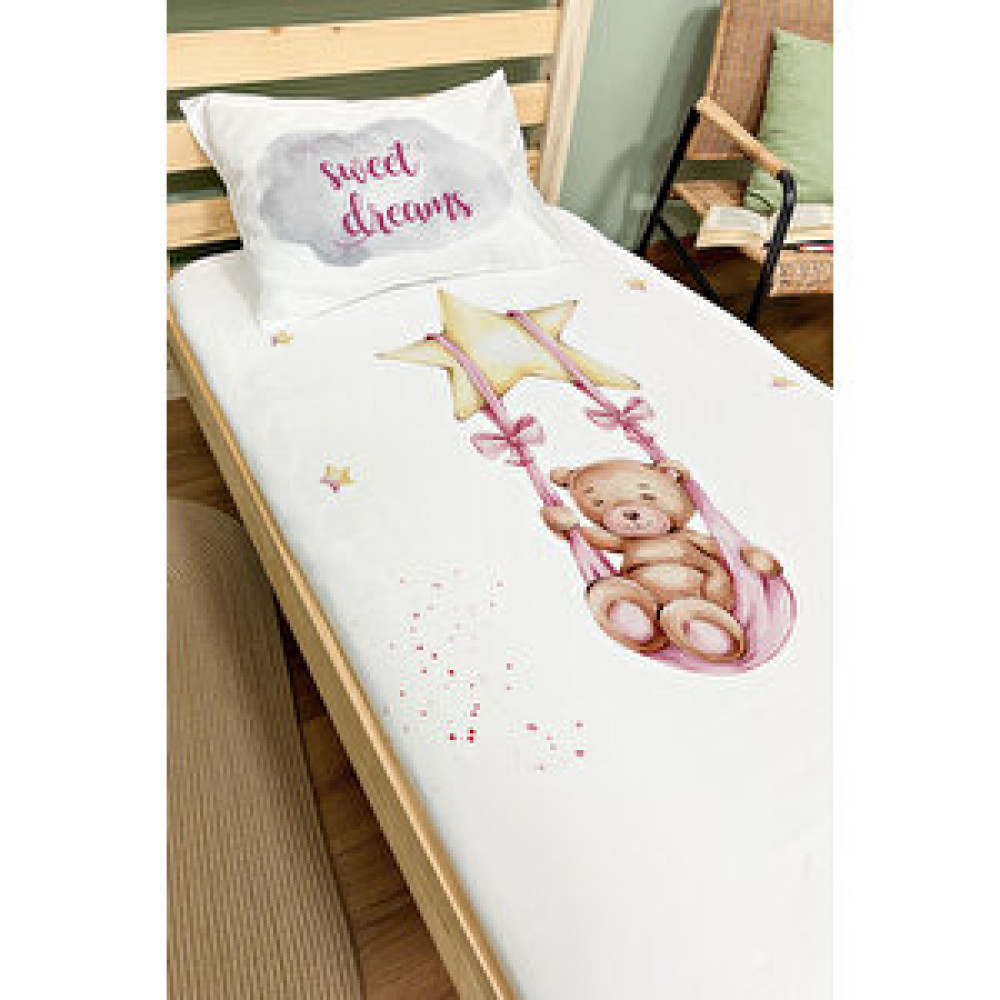 Tuğba Kuğu Lastikli Çarşaf Seti (90x190+20) - Pure Baby Serisi - Yıldızda Sallanan Boz Ayı Pembe Bebek Yatak Çarşafı Fiyatı