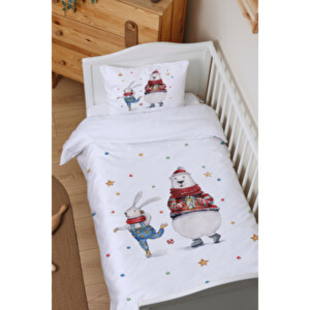 Tuğba Kuğu Organik Bebek Nevresim Takımı (100x150) - Little Baby Serisi - Buz Pateni Yapan Tavşan Ve Kutup Ayısı  Bebek Nevresim Takımı Fiyatı