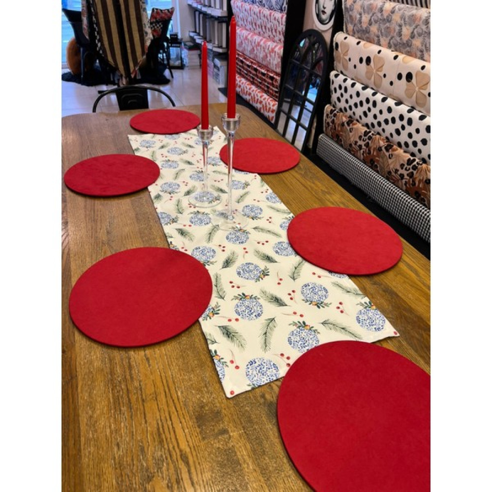 Tuğçe Demir Home Design Blue Blanc Yılbaşı Desen Runner Supla Set - Kırmızı - 45 x 135 cm Masa Örtüsü Fiyatı