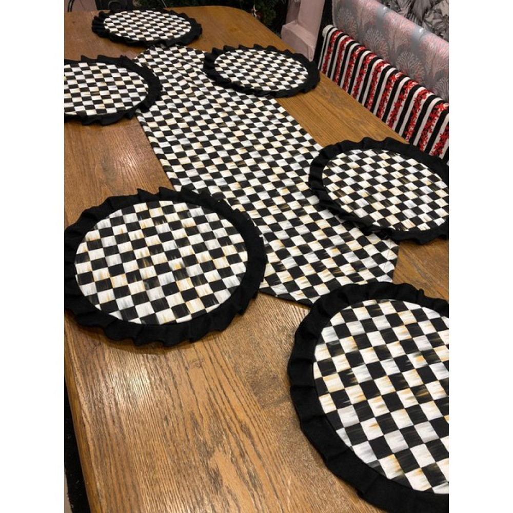 Tuğçe Demir Home Desıgn Dama Desen Runner Fırfırlı Supla (Amerikan Servis) Takım - 45 x 130 cm - Siyah - Beyaz Masa Örtüsü Fiyatı